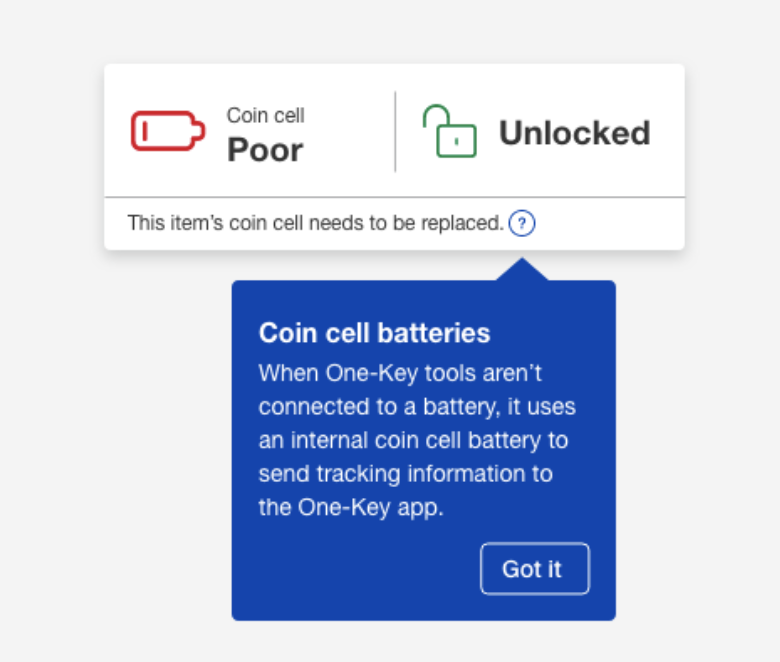 One-Key construction tool tracking web app displays coin cell level in smart tool as ‘poor’