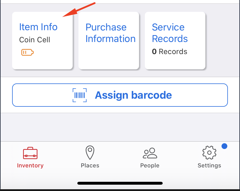 One-Key construction inventory management mobile app displays coin cell battery level in item's detail page