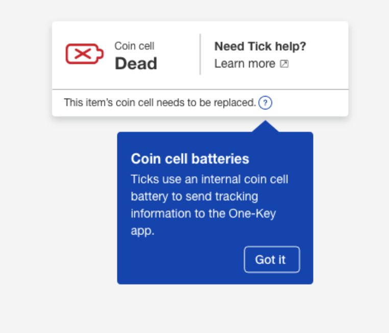 One-Key construction inventory management web app display's TICK equipment tracker coin cell level as dead