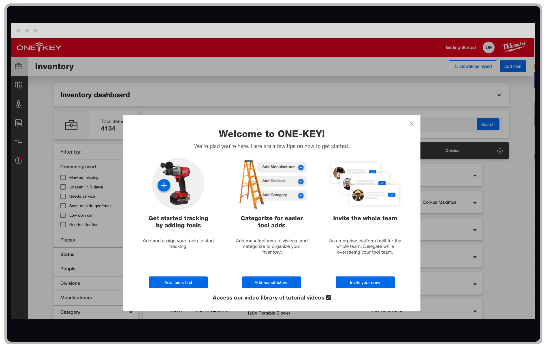 One-Key construction inventory management app shows educational screens to help new users learn how to interact with the app