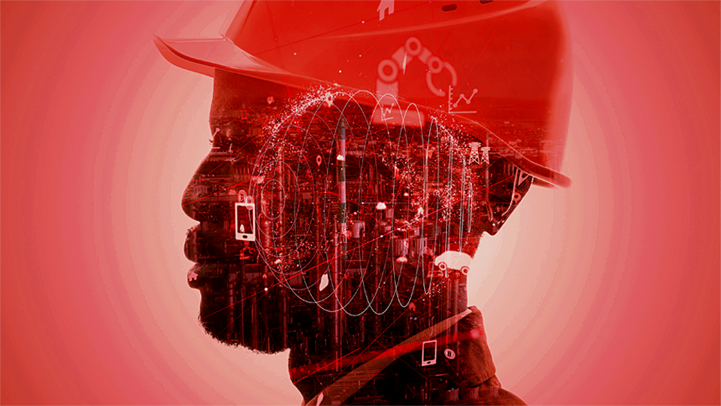 Silhouette of a construction worker wearing a hard hat accented by overlaid illustrations of various technologies