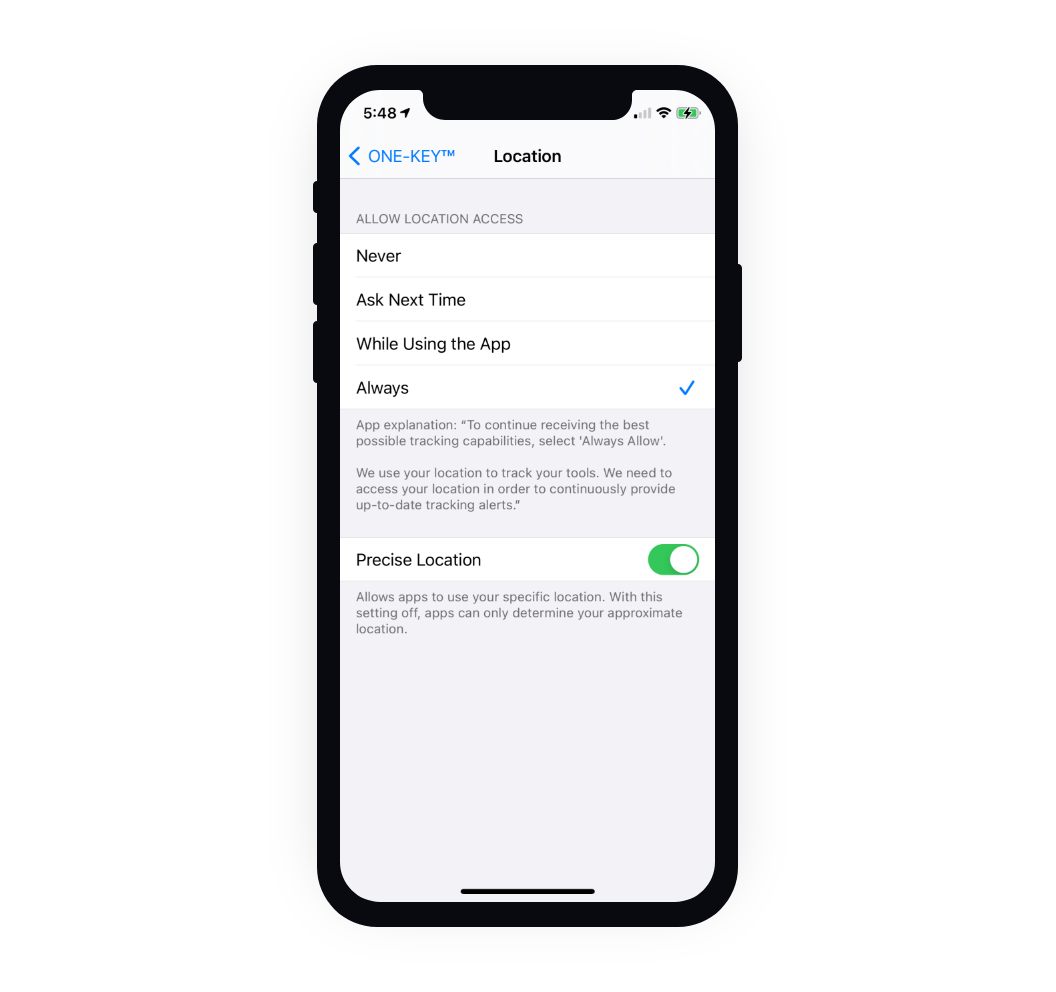 iPhone shows location setting set to "always" allow and "precise location" toggled on
