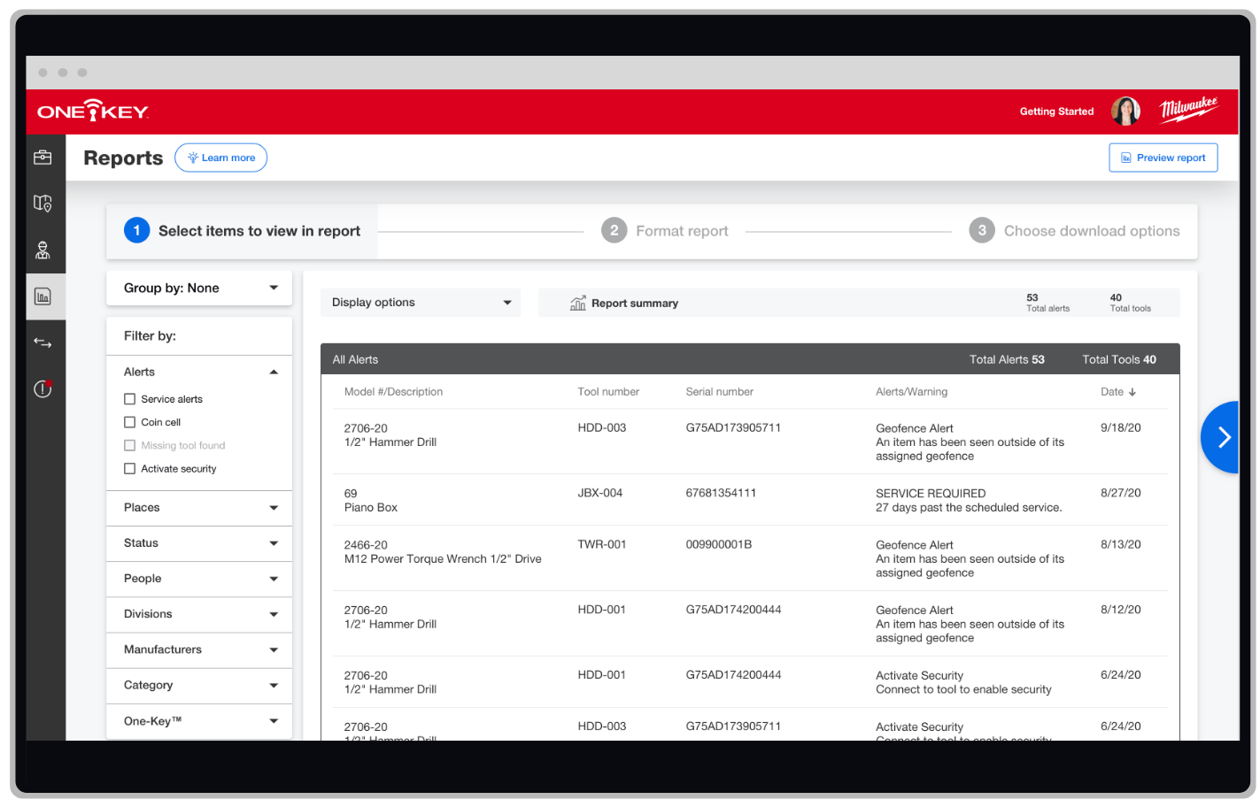 The One-Key enterprise inventory management app generates detailed alerts reports