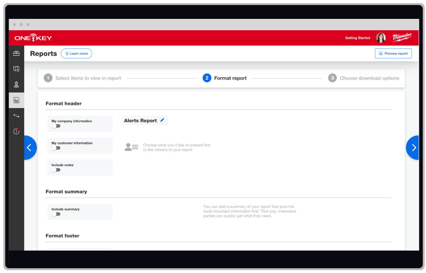 Screen displays alerts report being formatted in One-Key enterprise inventory management app