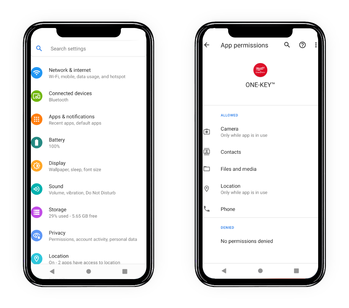 Two Android-powered mobile devices display settings screen (left) and One-Key app permissions screen (right)