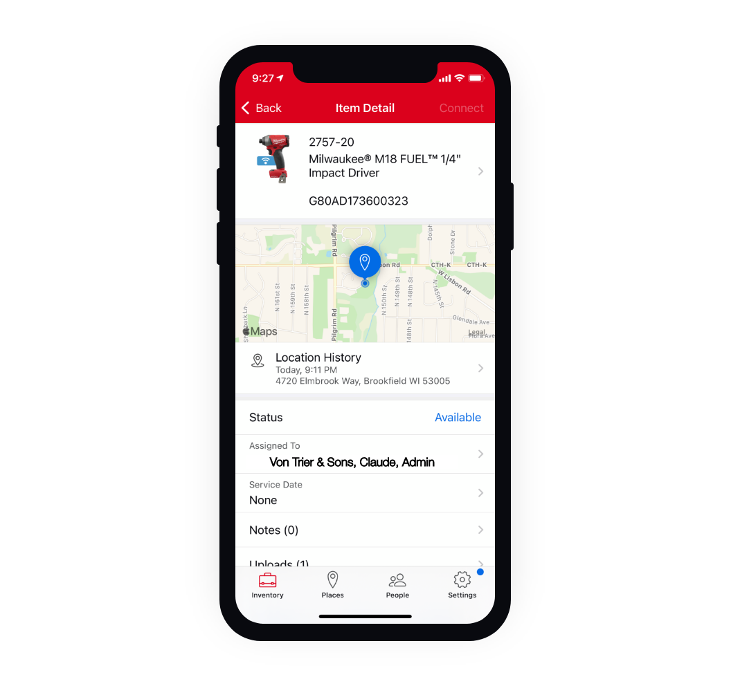 One-Key iOS app displays location history for tool