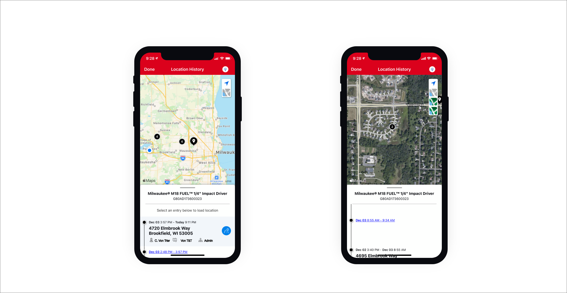Two iOS devices display One-Key app location history maps