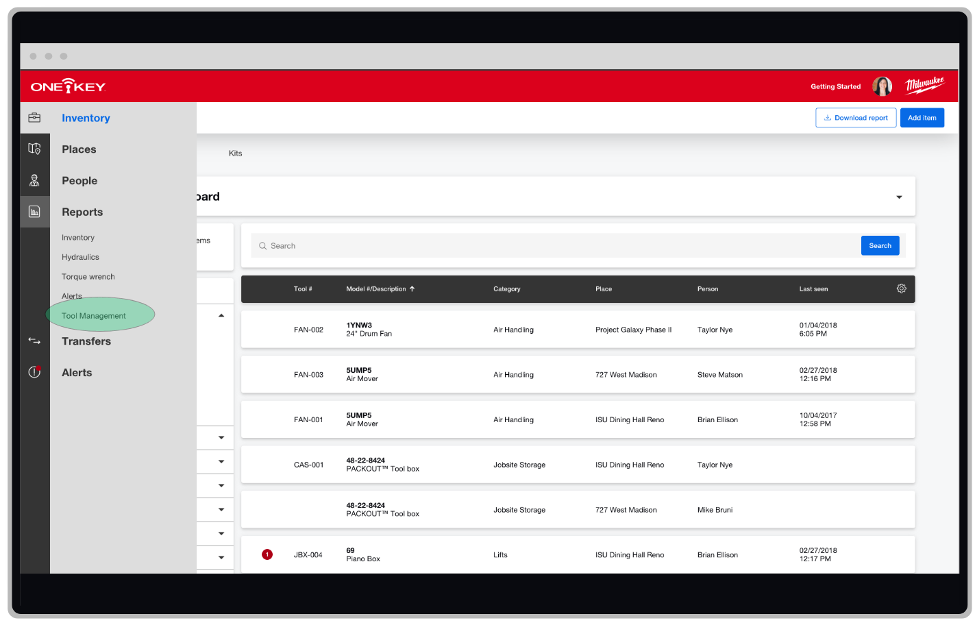 One-Key web app displays "tool management" reports in navigation