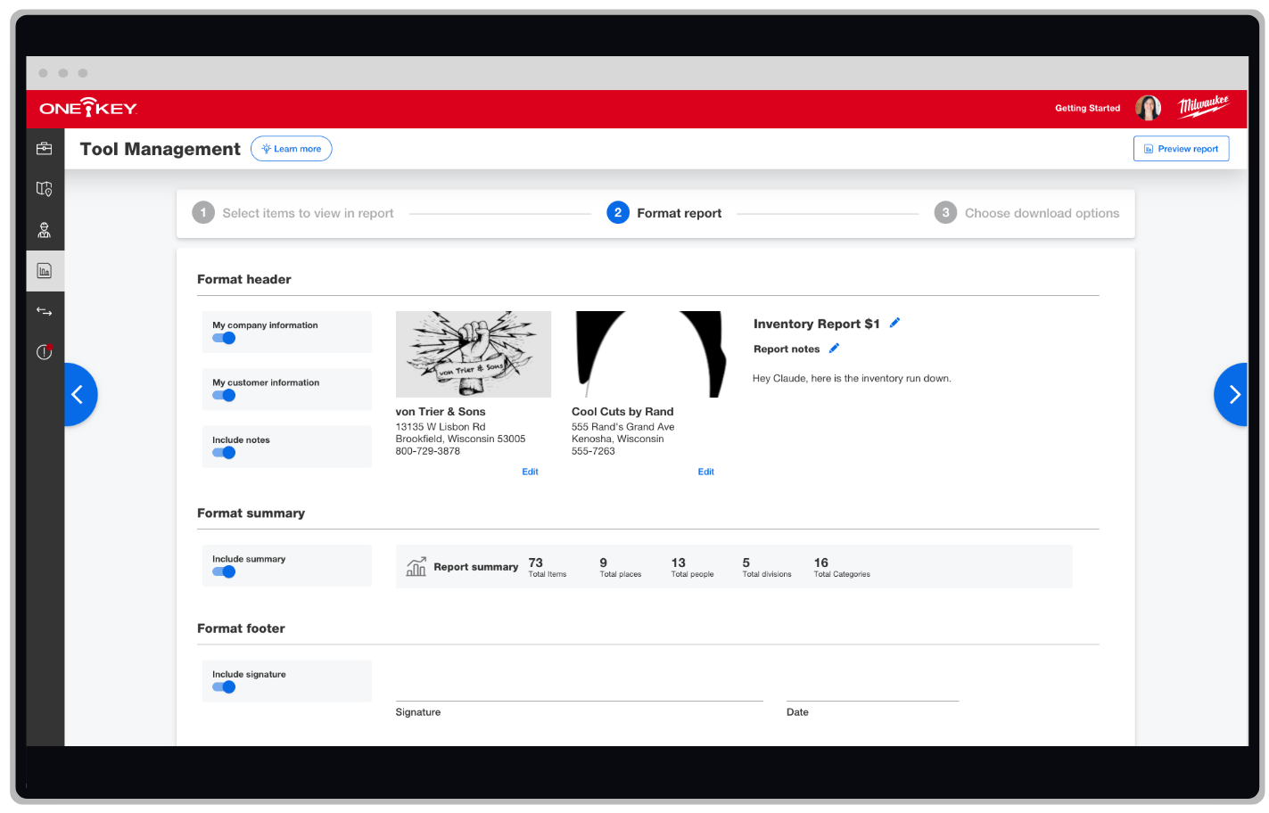 One-Key web app displays tool management report formatting