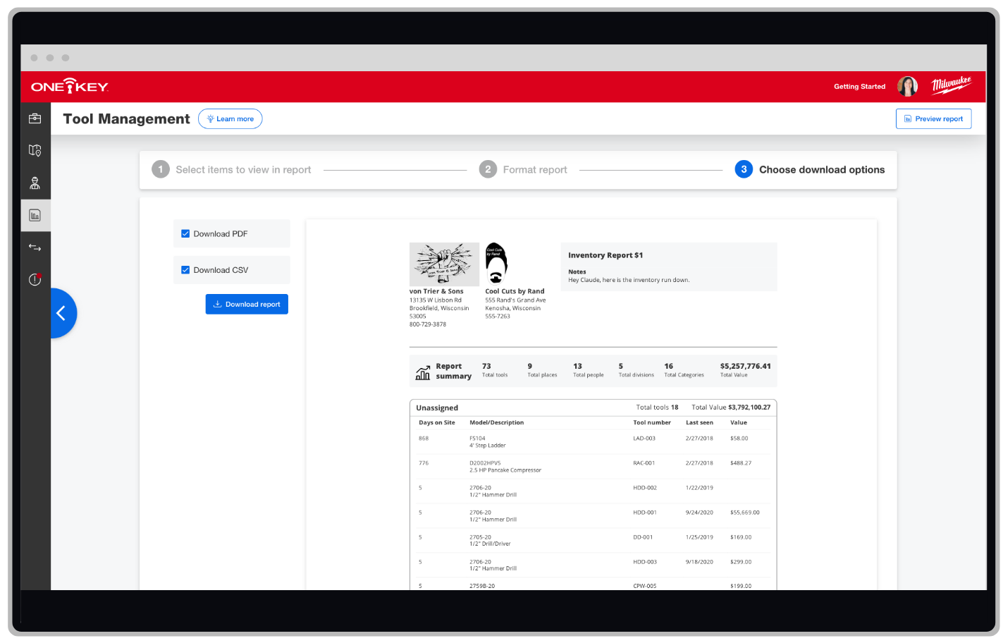 One-Key web app displays tool management report download options 