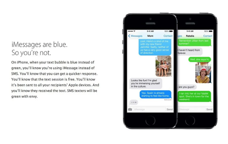 Apple iMessage marketing materials show blue vs green bubbles