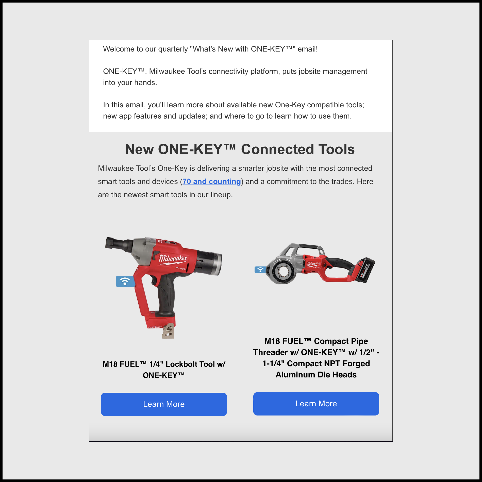 An email announcing new One-Key connected tools and features